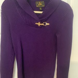 Lauren. purple sweater, tight knit sweater,  gold decorative buckle at base